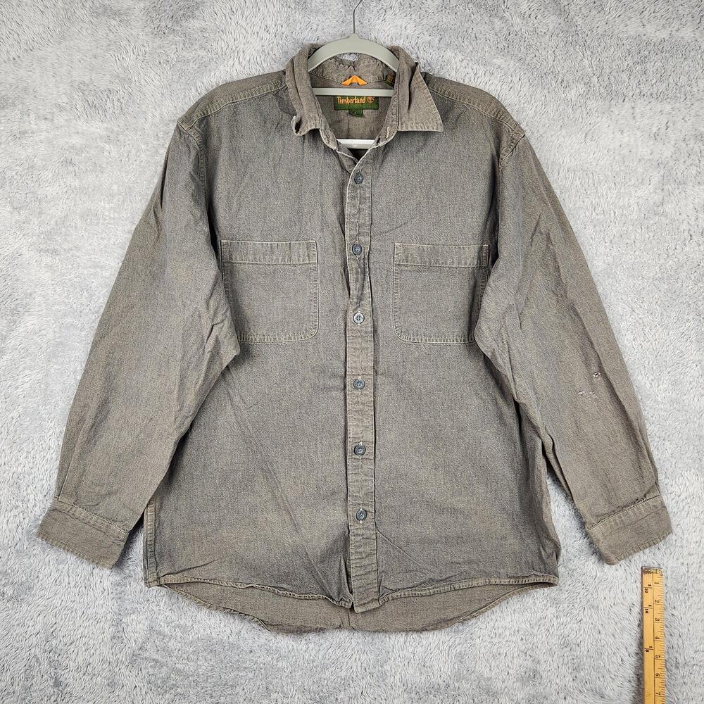 Vintage Timberland Denim Shirt Mens Large Gray Button Workwear 90s Dark Wash